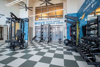 A gym with weights and cardio equipment in a room with a large window